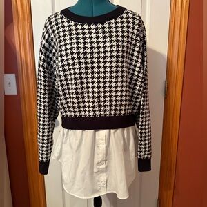 Joie Black and White Houndstooth Sweater with white dress shirt bottom